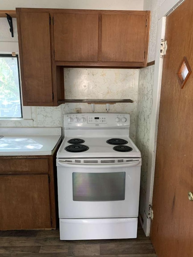 kitchen featuring white electric stove and dark wood-type flooring