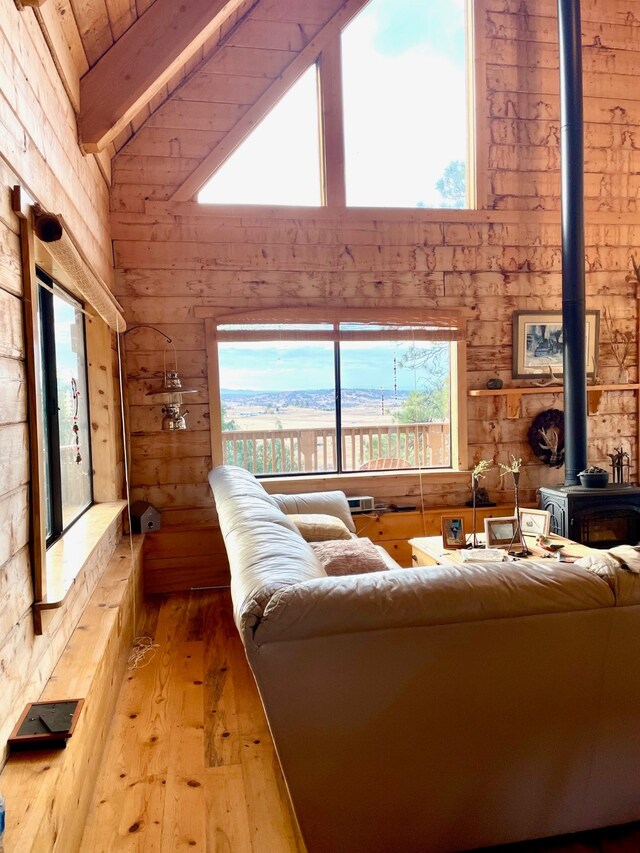 living room with a wood stove, light hardwood / wood-style flooring, a healthy amount of sunlight, and wooden ceiling