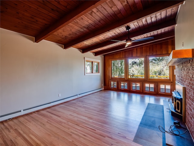 unfurnished living room featuring light hardwood / wood-style flooring, wooden ceiling, and plenty of natural light