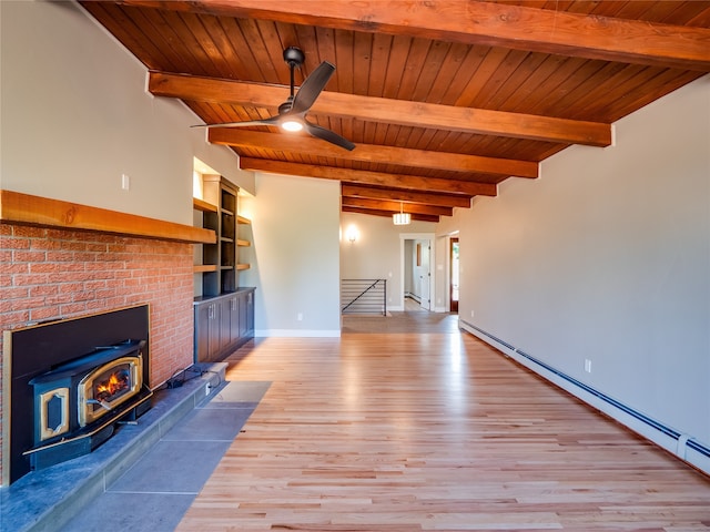 unfurnished living room with light hardwood / wood-style flooring, a baseboard heating unit, wooden ceiling, lofted ceiling with beams, and ceiling fan