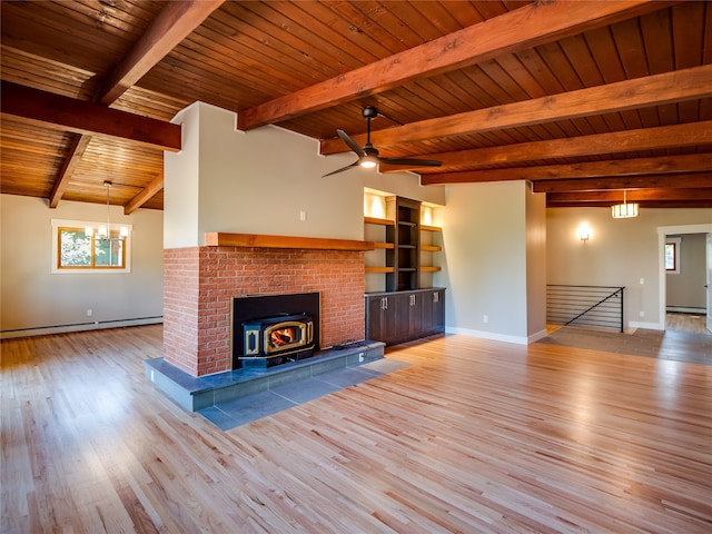 unfurnished living room with light hardwood / wood-style floors, a wood stove, a healthy amount of sunlight, and wooden ceiling