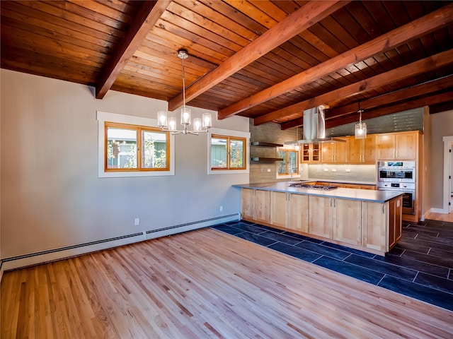 kitchen with light brown cabinetry, island exhaust hood, stainless steel appliances, dark wood-type flooring, and beam ceiling