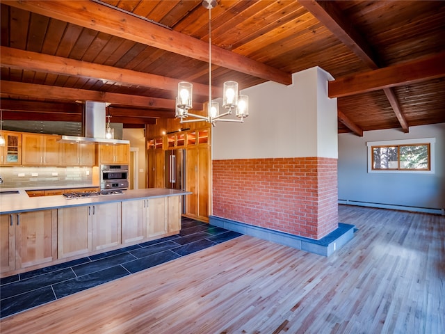 kitchen featuring island range hood, wooden ceiling, light brown cabinetry, a baseboard radiator, and dark hardwood / wood-style flooring