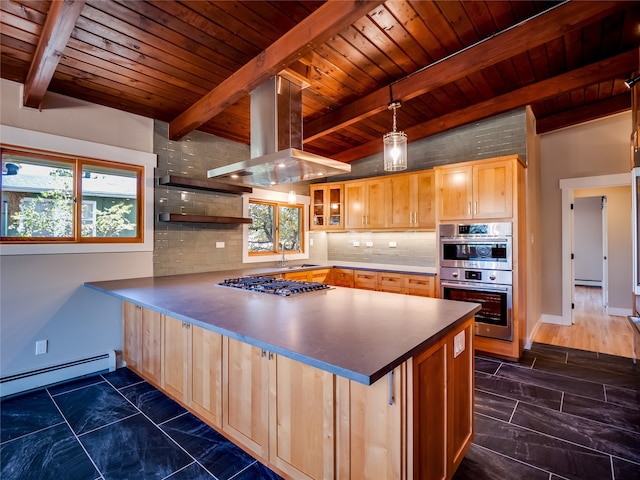 kitchen with appliances with stainless steel finishes, kitchen peninsula, wooden ceiling, and island range hood