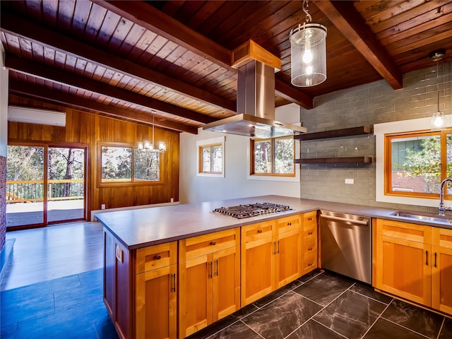 kitchen with island range hood, a healthy amount of sunlight, sink, decorative light fixtures, and appliances with stainless steel finishes