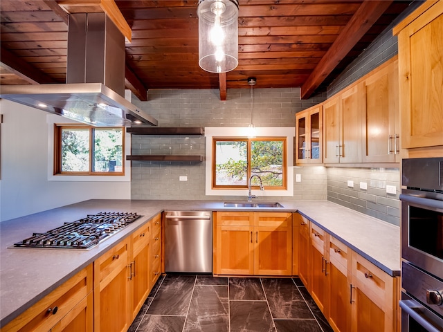 kitchen with wood ceiling, decorative backsplash, island range hood, sink, and stainless steel appliances