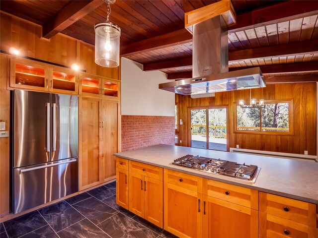 kitchen with hanging light fixtures, island exhaust hood, appliances with stainless steel finishes, and wood ceiling