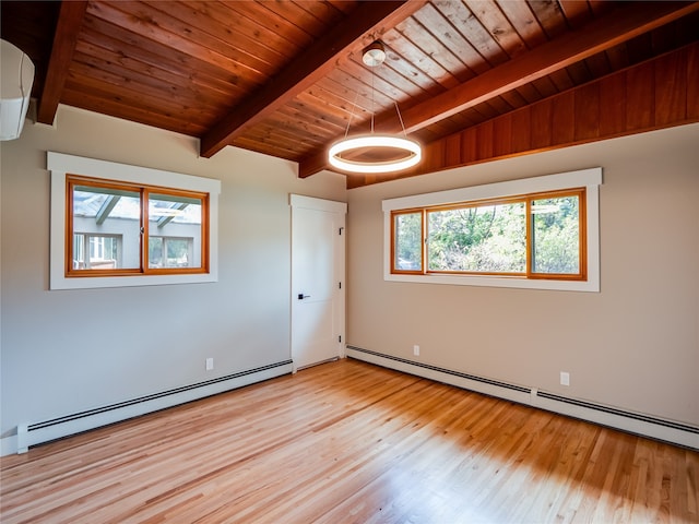 interior space featuring baseboard heating, wood ceiling, vaulted ceiling with beams, and light hardwood / wood-style floors