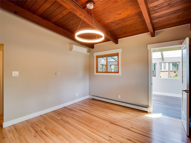 empty room with light hardwood / wood-style flooring, a baseboard heating unit, beamed ceiling, and wood ceiling