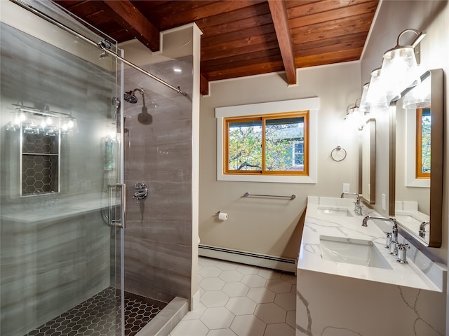 bathroom with a baseboard heating unit, wood ceiling, walk in shower, vanity, and beam ceiling