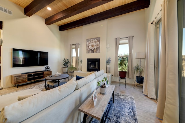 living room featuring beam ceiling, wooden ceiling, and light wood-type flooring