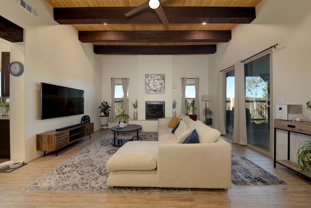 living room featuring beamed ceiling, wood ceiling, and light wood-type flooring