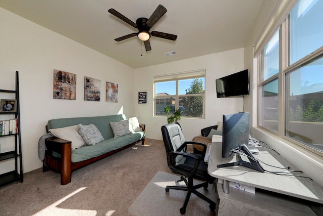 home office featuring carpet floors and ceiling fan