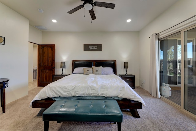 bedroom featuring access to exterior, light colored carpet, and ceiling fan