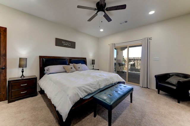 bedroom featuring light carpet, access to outside, and ceiling fan