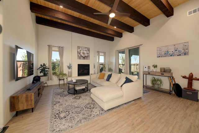 living room with light hardwood / wood-style floors, wood ceiling, beamed ceiling, and ceiling fan