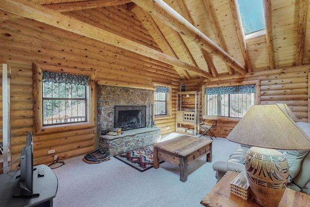 12 Pine Ln, Terrero, NM 87573 - carpeted living area with wood ceiling with exposed beams, log walls, a stone fireplace, and high vaulted ceiling