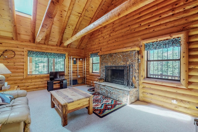 living room featuring a stone fireplace, wood ceiling, and rustic walls