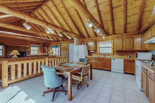 12 Pine Ln, Terrero, NM 87573 - kitchen featuring white appliances, a sink, wood ceiling, light countertops, and brown cabinets