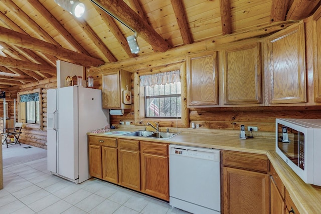 12 Pine Ln, Terrero, NM 87573 - kitchen featuring white appliances, log walls, wooden ceiling, plenty of natural light, and a sink