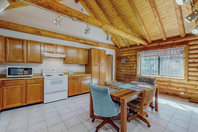 kitchen featuring vaulted ceiling with beams, white electric range, wooden ceiling, light tile patterned floors, and log walls