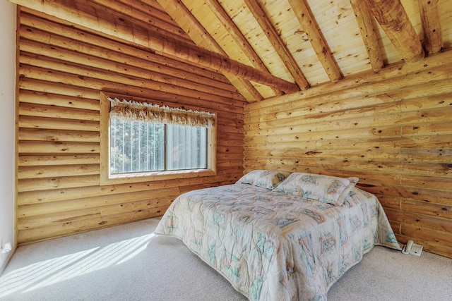12 Pine Ln, Terrero, NM 87573 - carpeted bedroom with wood ceiling with exposed beams, rustic walls, and high vaulted ceiling