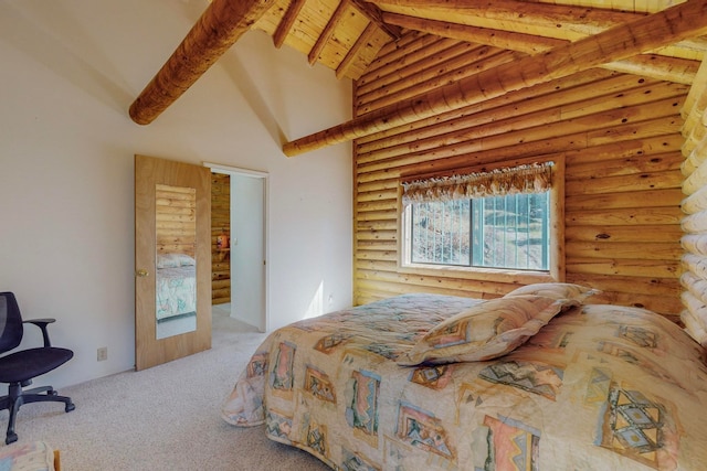 carpeted bedroom featuring beam ceiling, high vaulted ceiling, wooden ceiling, and rustic walls