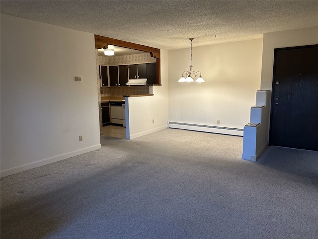 unfurnished room with a textured ceiling, light carpet, and a baseboard radiator