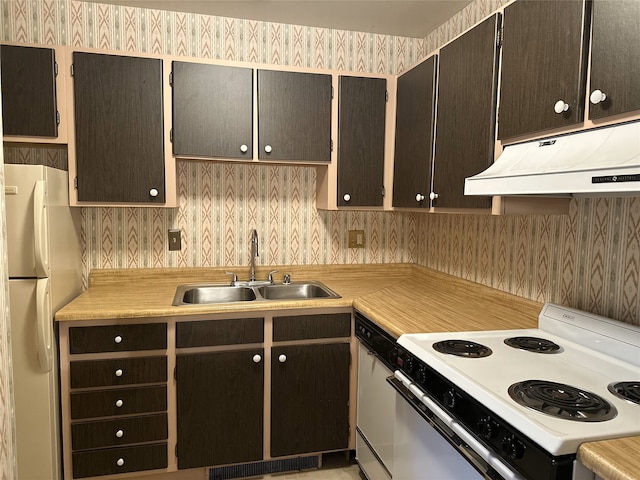 kitchen with dark brown cabinetry, white appliances, and sink