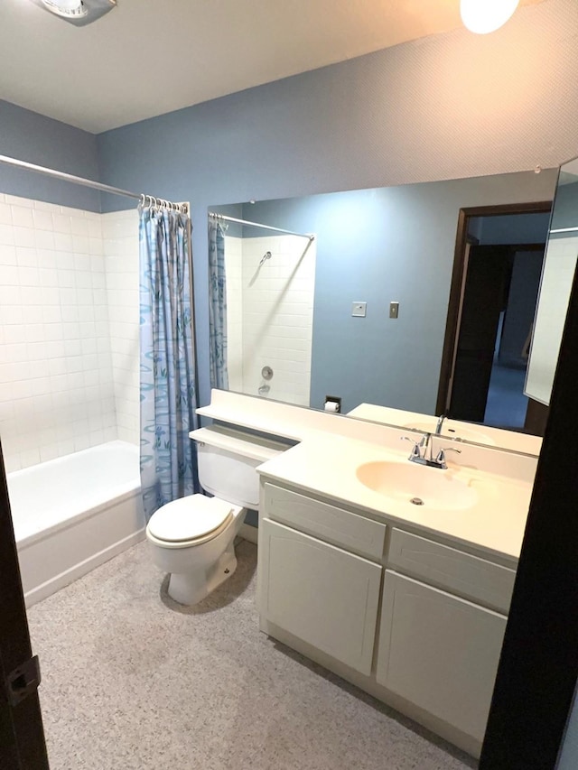 full bathroom with shower / tub combo, vanity, and toilet