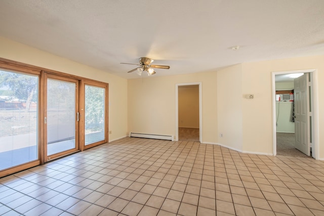 tiled empty room featuring ceiling fan and a baseboard radiator