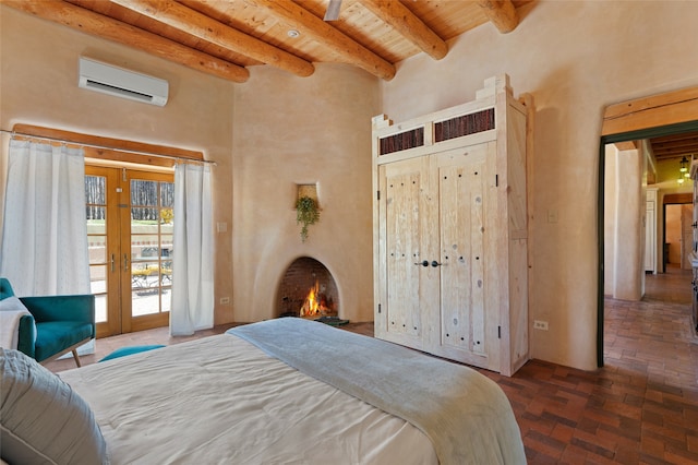 bedroom with wood ceiling, beam ceiling, a wall mounted air conditioner, access to outside, and french doors