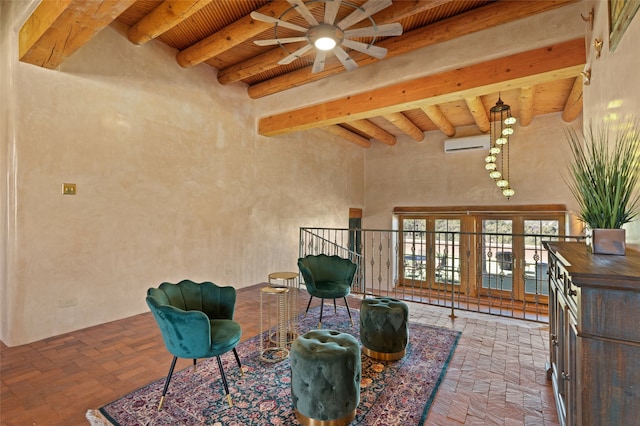 living area with beamed ceiling, a wall mounted air conditioner, and wooden ceiling