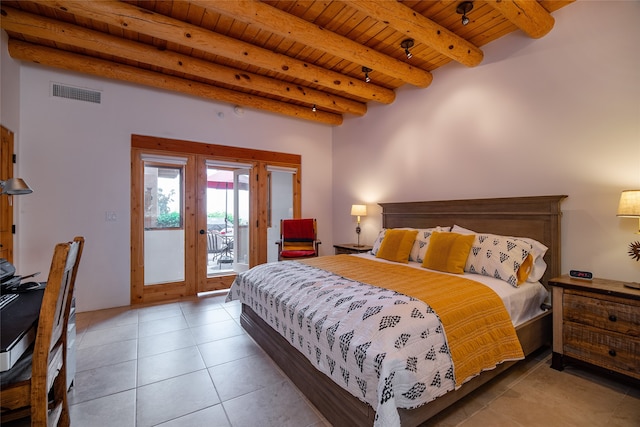 tiled bedroom featuring french doors, wooden ceiling, beamed ceiling, and access to exterior