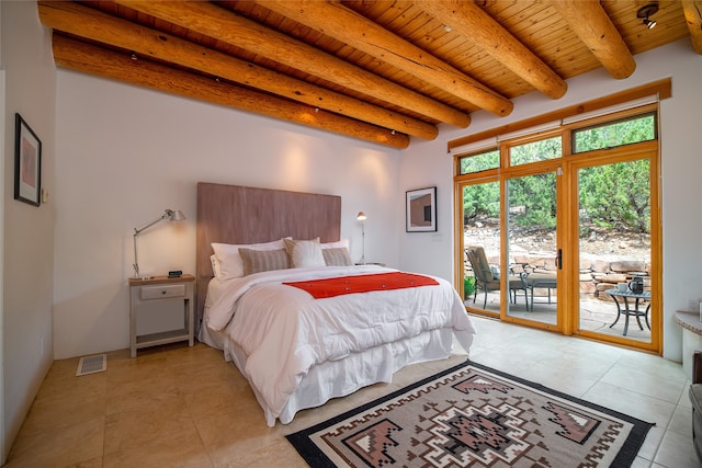 bedroom featuring light tile patterned flooring, access to outside, beamed ceiling, and wooden ceiling