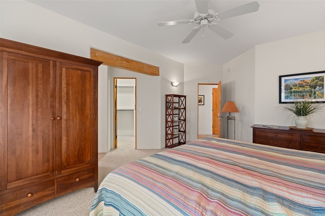 carpeted bedroom featuring ceiling fan, a closet, and a walk in closet