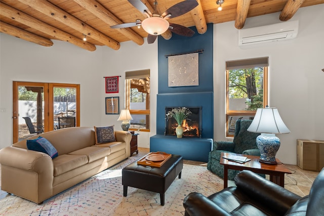 living room with an AC wall unit, wooden ceiling, and beam ceiling