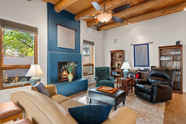 living room with beamed ceiling, wood ceiling, a large fireplace, and a healthy amount of sunlight