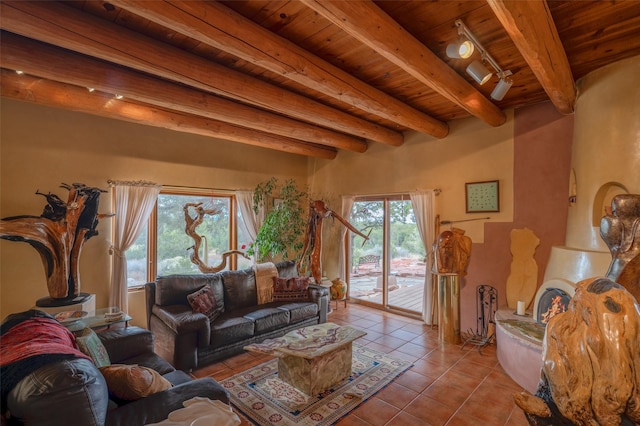 living room with beam ceiling, a healthy amount of sunlight, rail lighting, and wood ceiling