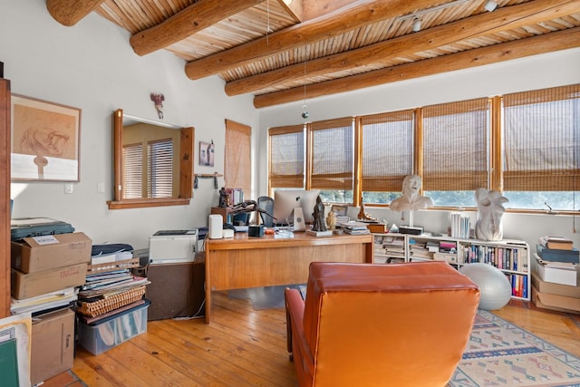 office with hardwood / wood-style flooring, wooden ceiling, and beamed ceiling