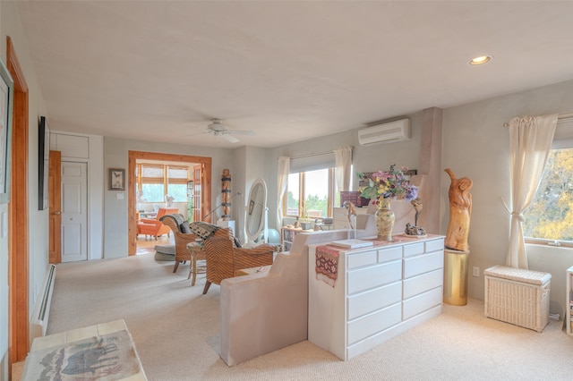 interior space with ceiling fan and an AC wall unit