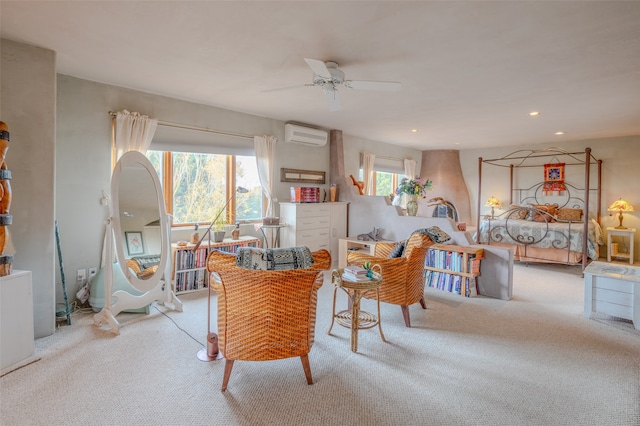 interior space with a wall unit AC and ceiling fan