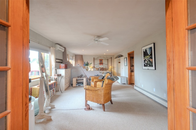 living room featuring a wall mounted air conditioner, a baseboard radiator, ceiling fan, and light colored carpet