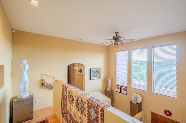 dining room with light hardwood / wood-style floors and ceiling fan