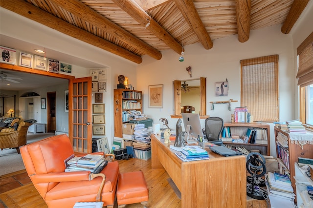 office space with ceiling fan, a baseboard radiator, light hardwood / wood-style flooring, beamed ceiling, and wood ceiling