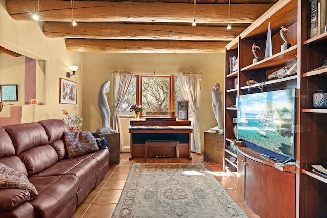 living room with tile patterned flooring and beam ceiling