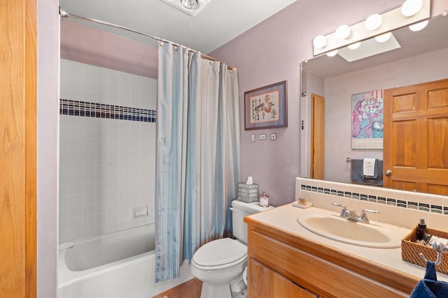 bathroom with vanity, tasteful backsplash, toilet, and shower / tub combo with curtain