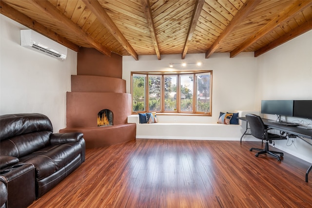 office area featuring beam ceiling, hardwood / wood-style floors, a wall mounted AC, and wooden ceiling