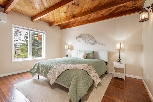 bedroom featuring a wall unit AC, dark hardwood / wood-style floors, beamed ceiling, and wooden ceiling