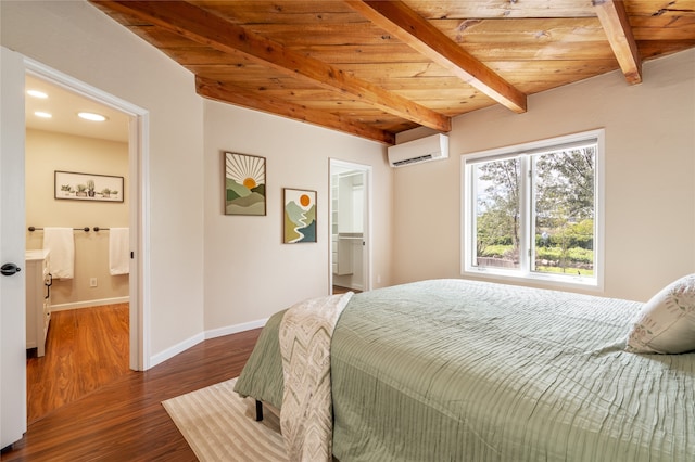 bedroom featuring wood ceiling, dark hardwood / wood-style floors, a wall mounted AC, and beamed ceiling